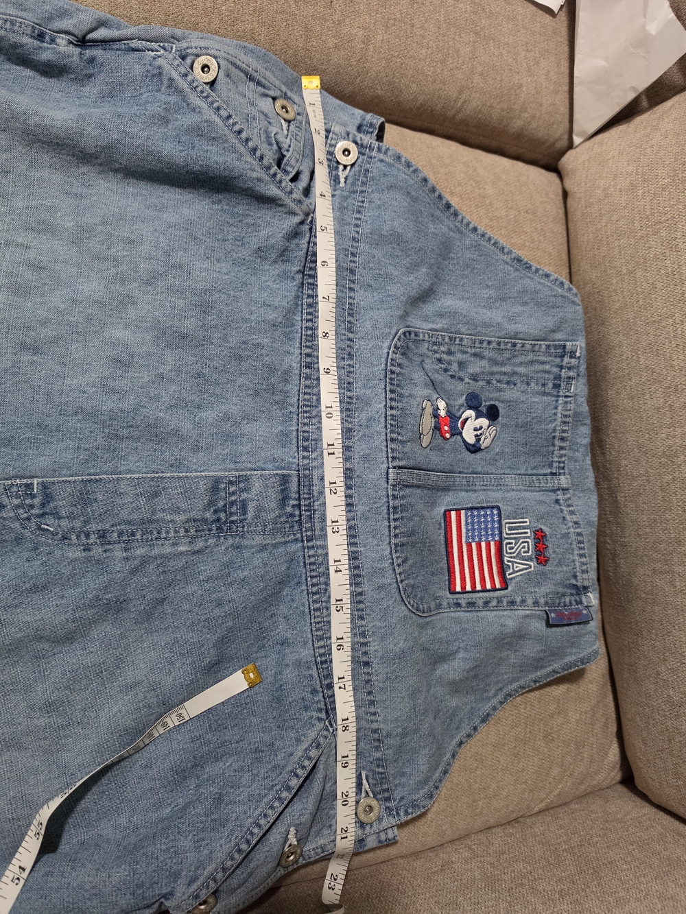 Disney Light Blue Denim Mickey USA Patch Short Overalls Romper - Picture 7 of 8